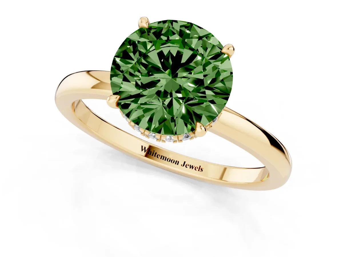 Fancy Green Round Cut Solitaire Engagement Ring with Cathedral Band and Four-Prong Setting Yellow gold