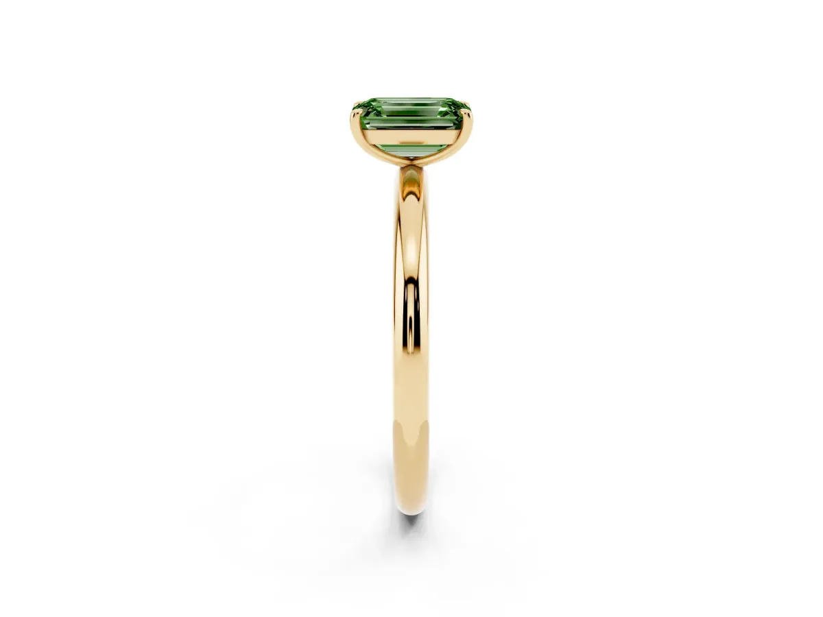 Fancy Green Emerald Cut Solitaire Diamond Ring with Four-Prong Setting on a Plain Band Yellow gold