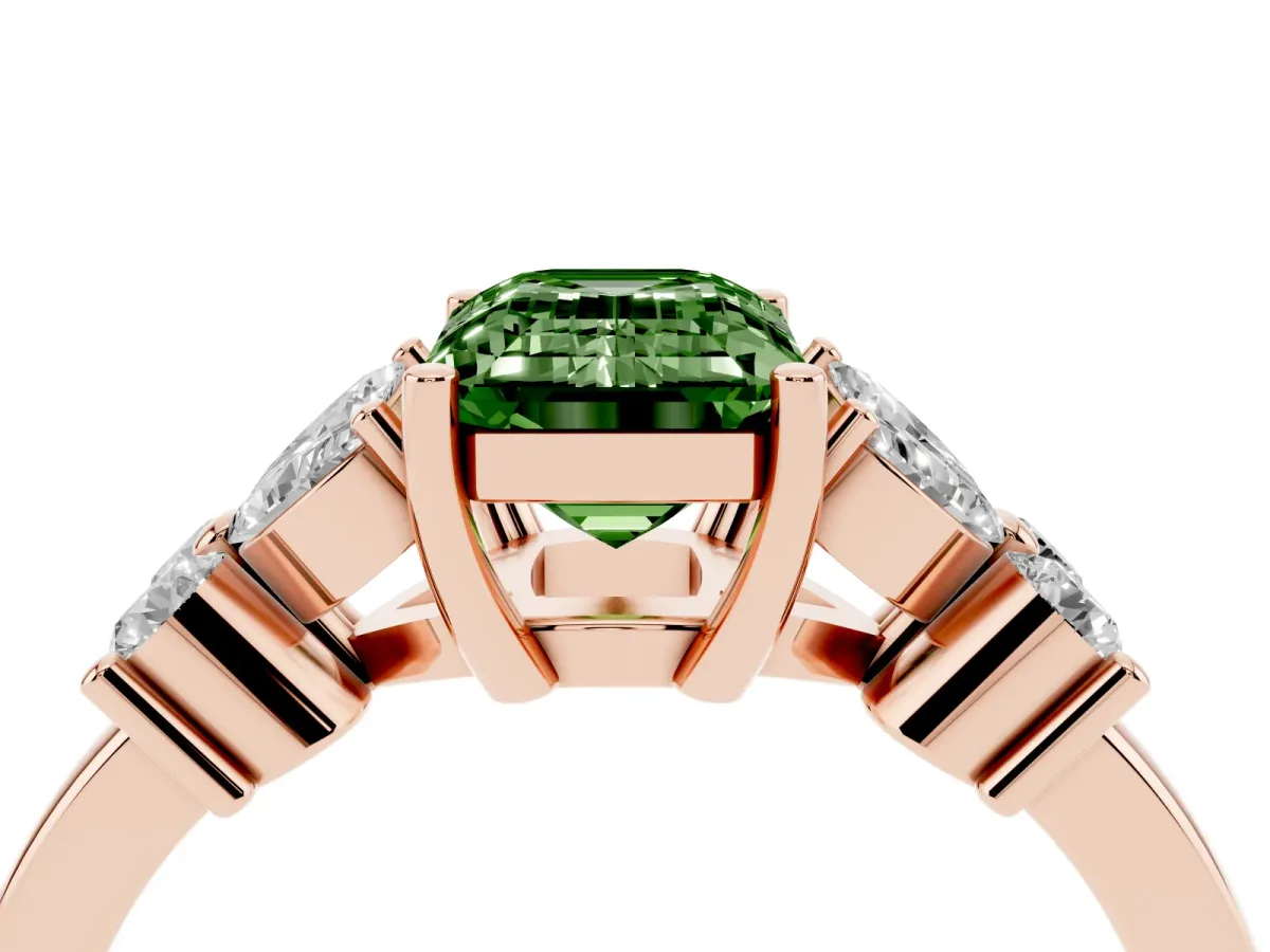 Fancy Green Emerald Cut Diamond Floral Cluster Ring with Solitaire Band and Prong Setting Rose gold