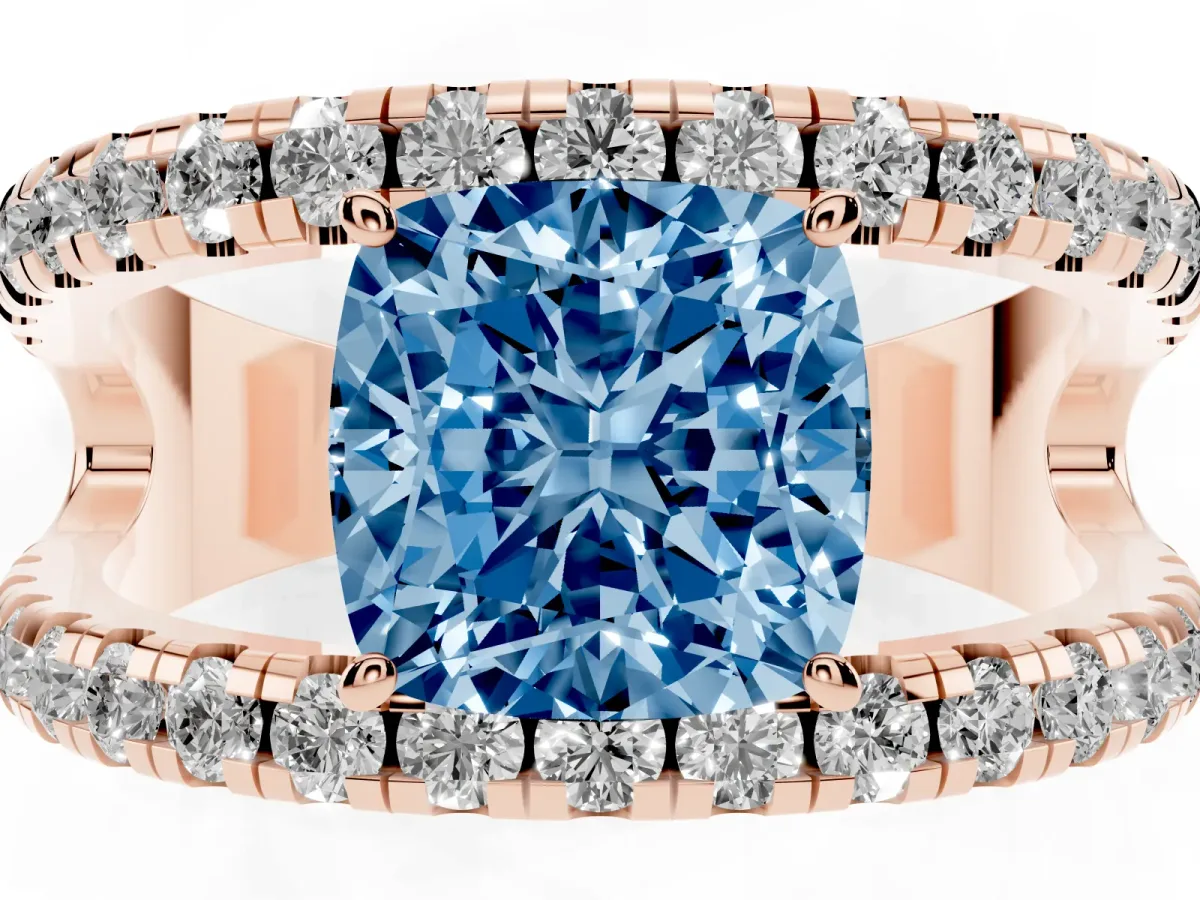 Fancy Blue Cushion Cut Solitaire Split Shank Pave Diamond Ring Rose gold