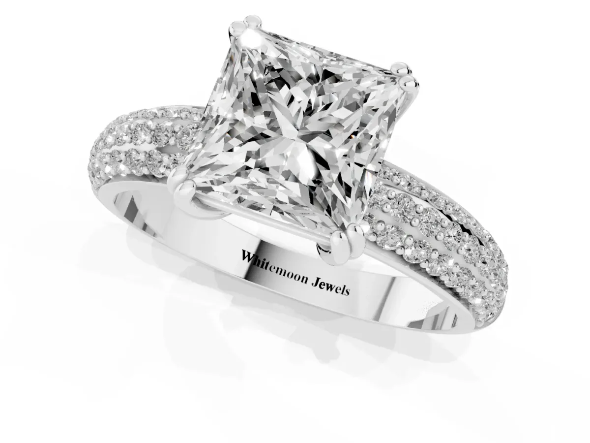 Princess Cut Diamond Solitaire Ring with Multi-Row Round Pavé Band and Prong Setting Silver