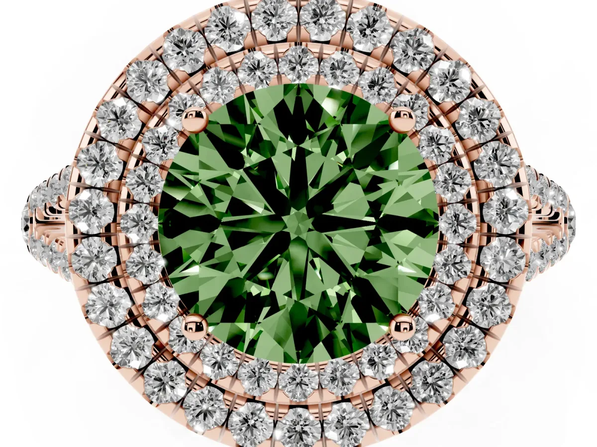 Fancy Green Round Cut Diamond Double Halo Ring with Pavé Band and Prong Setting Rose gold