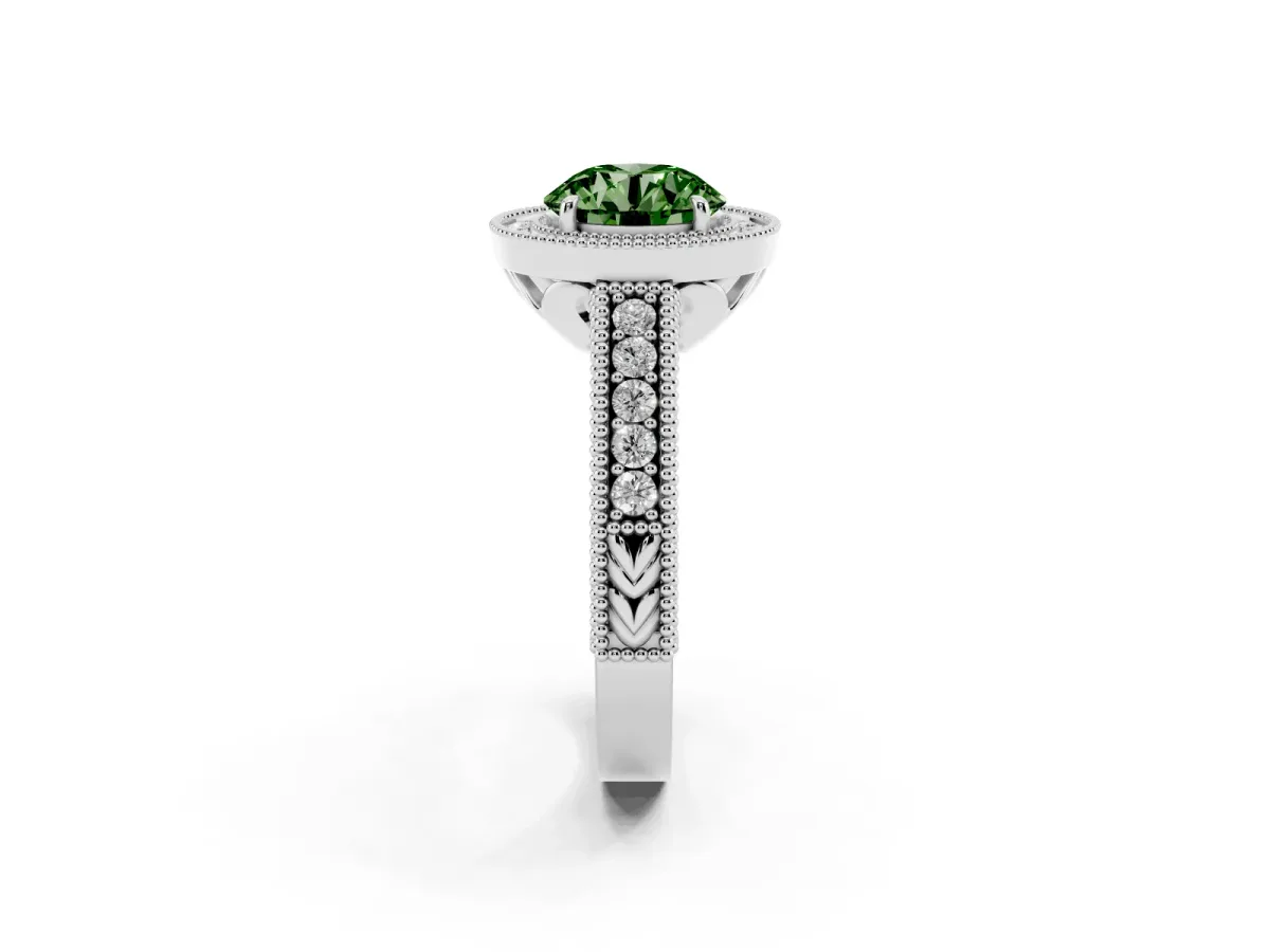 Fancy Green Round Cut Cut Halo Diamond Ring with Pavé Band and Four-Prong Setting Platinum