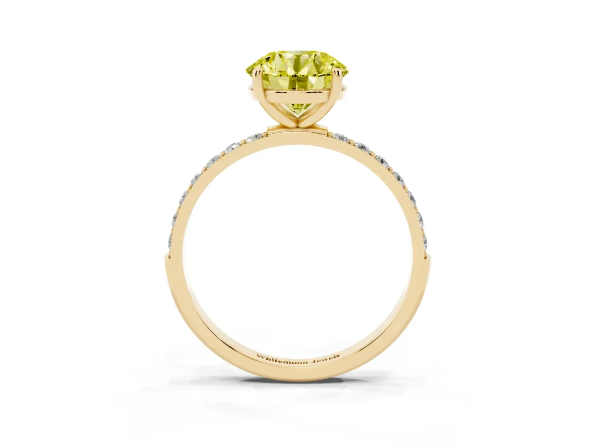 Fancy Yellow Round Cut Diamond Solitaire Ring with Round Pavé Shoulders and Prong Setting Yellow gold