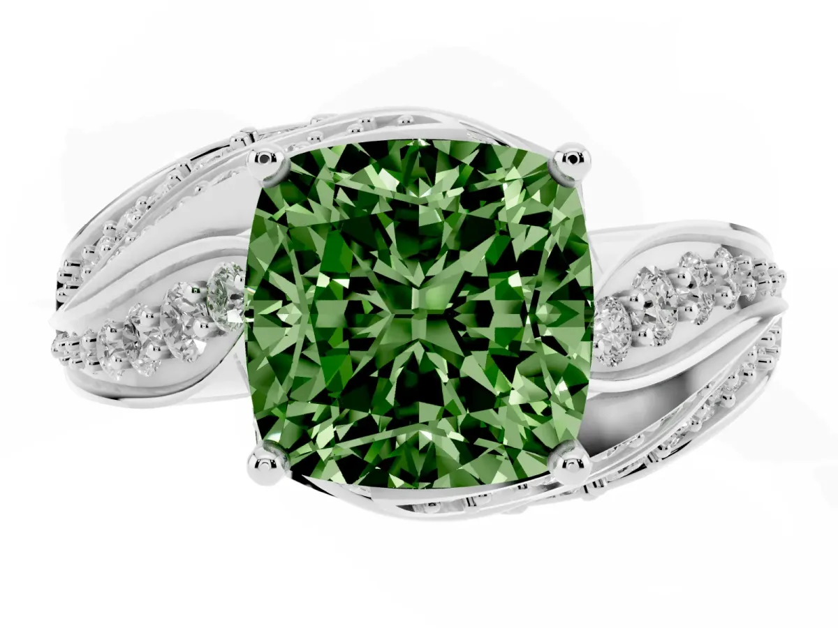 Fancy Green Cushion Cut Diamond Solitaire Ring with Prong Setting and Twisted Pavé Band Silver
