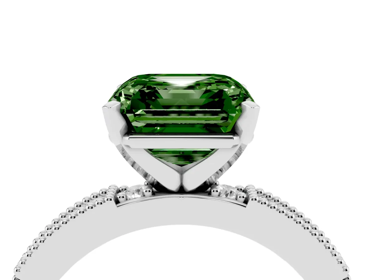Fancy Green Asscher Cut Solitaire with Pavé Band and Four-Prong Setting Silver