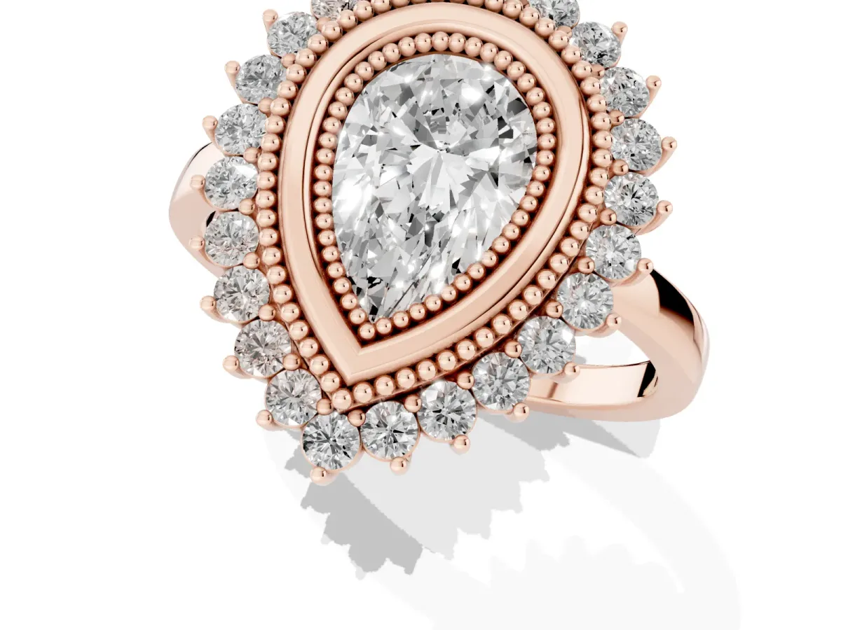 Pear Cut Halo Diamond Ring with Milgrain Edge and Round Prong Setting Rose gold