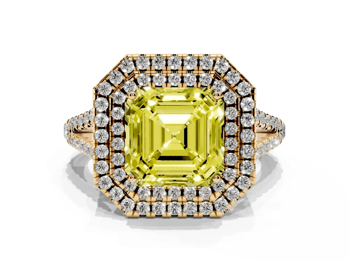 Fancy Yellow Asscher Cut Diamond Double Halo Ring with Pavé Band and Prong Setting Yellow gold