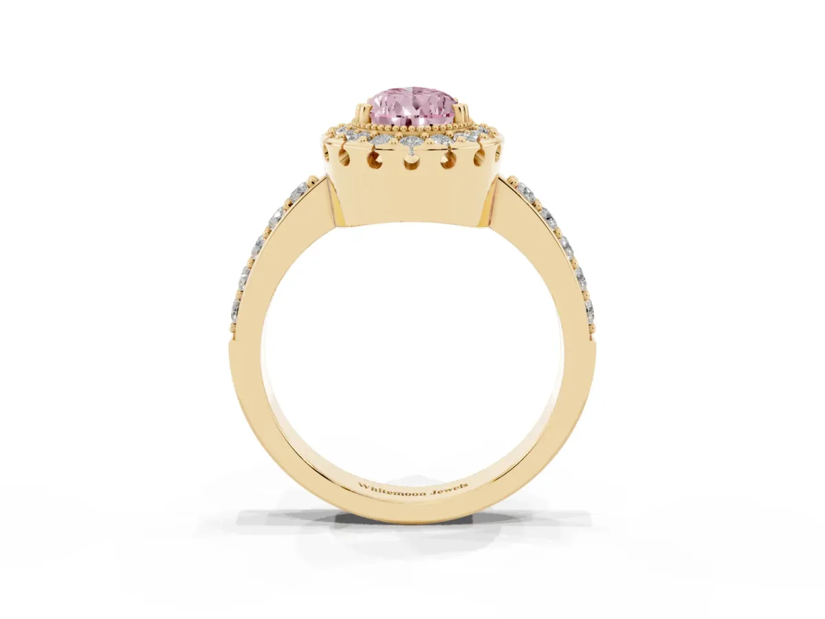 Fancy Pink Pear Cut Diamond Halo Ring with Pavé Band and Prong Setting Yellow gold