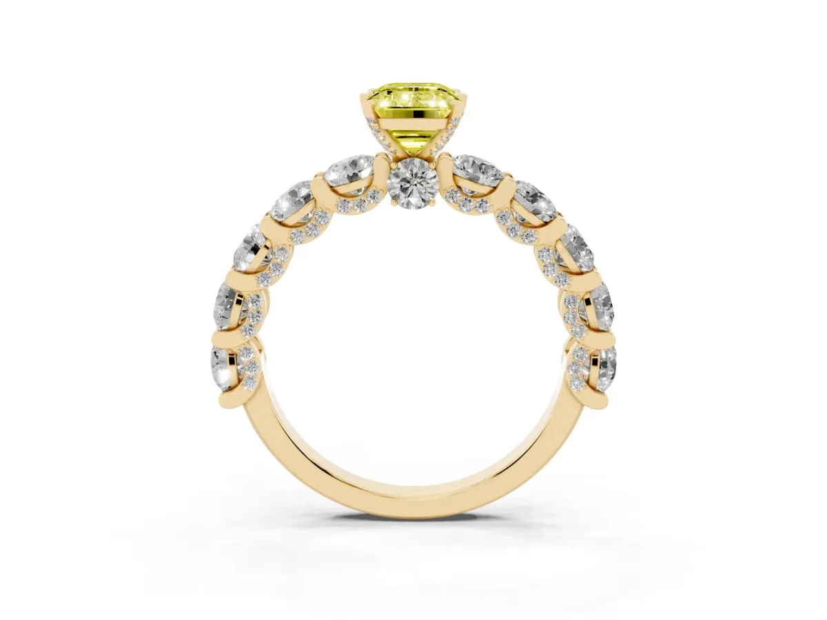 Fancy Yellow Emerald Cut Diamond Side Stone Engagement Ring with Four-Prong Setting Yellow gold