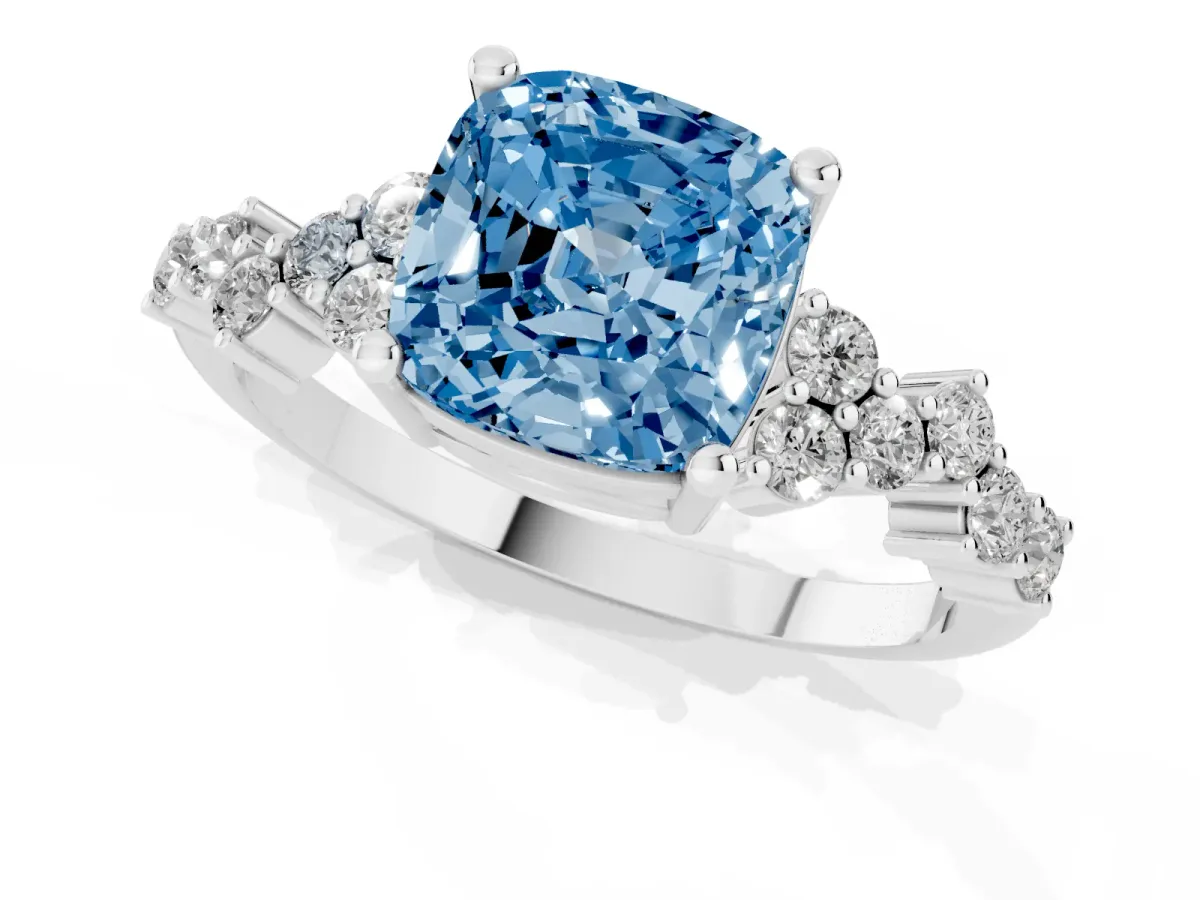 Fancy Blue Cushion Cut Diamond Scattered Round Accent Ring with Prong Setting Platinum