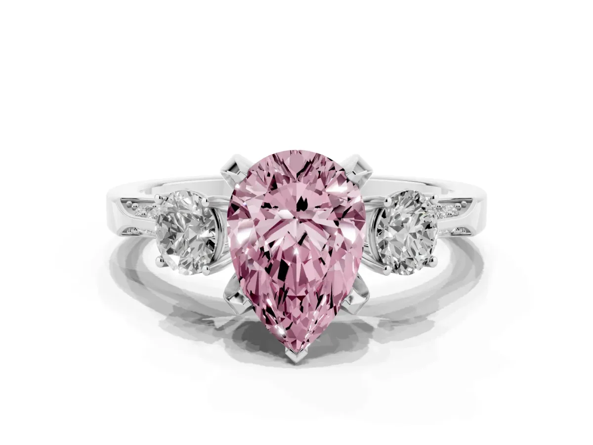 Fancy Pink Pear Cut Brilliant Three-Stone Diamond Ring with Pavé Band and Four-Prong Setting Silver