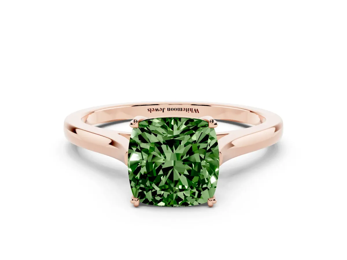 Fancy Green Cushion Cut Solitaire Heart Prong Engagement Ring with Tapered Band Rose gold