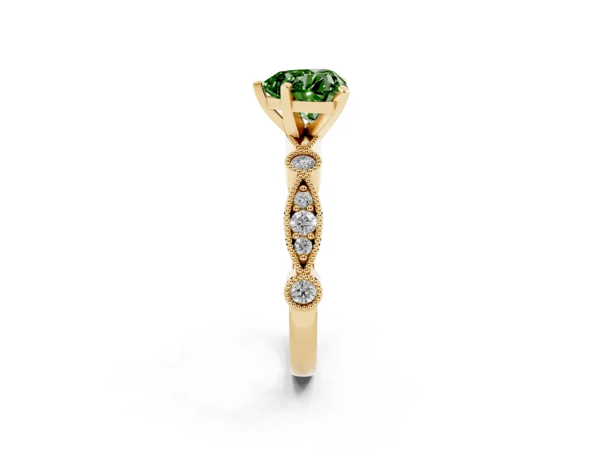 Fancy Green Heart Cut Milgrain Bezel Diamond Engagement Ring with Solitaire Prong Setting Yellow gold