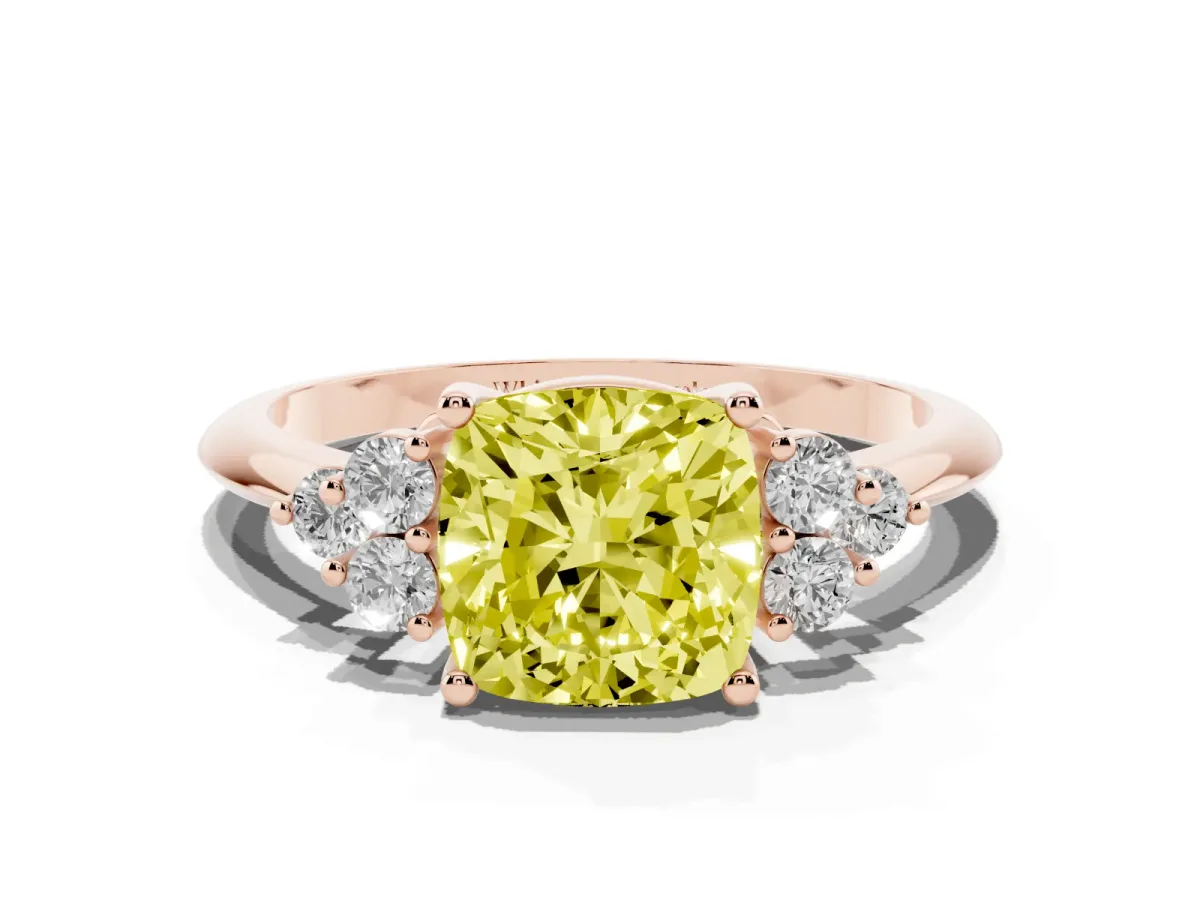 Fancy Yellow Cushion Cut Cut Diamond Cluster Ring with Solitaire Band and Four-Prong Setting Rose gold