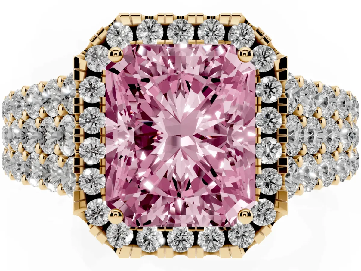 Fancy Pink Radiant Cut Diamond Halo Engagement Ring with Triple Row Round Pavé Band and Prong Setting Yellow gold