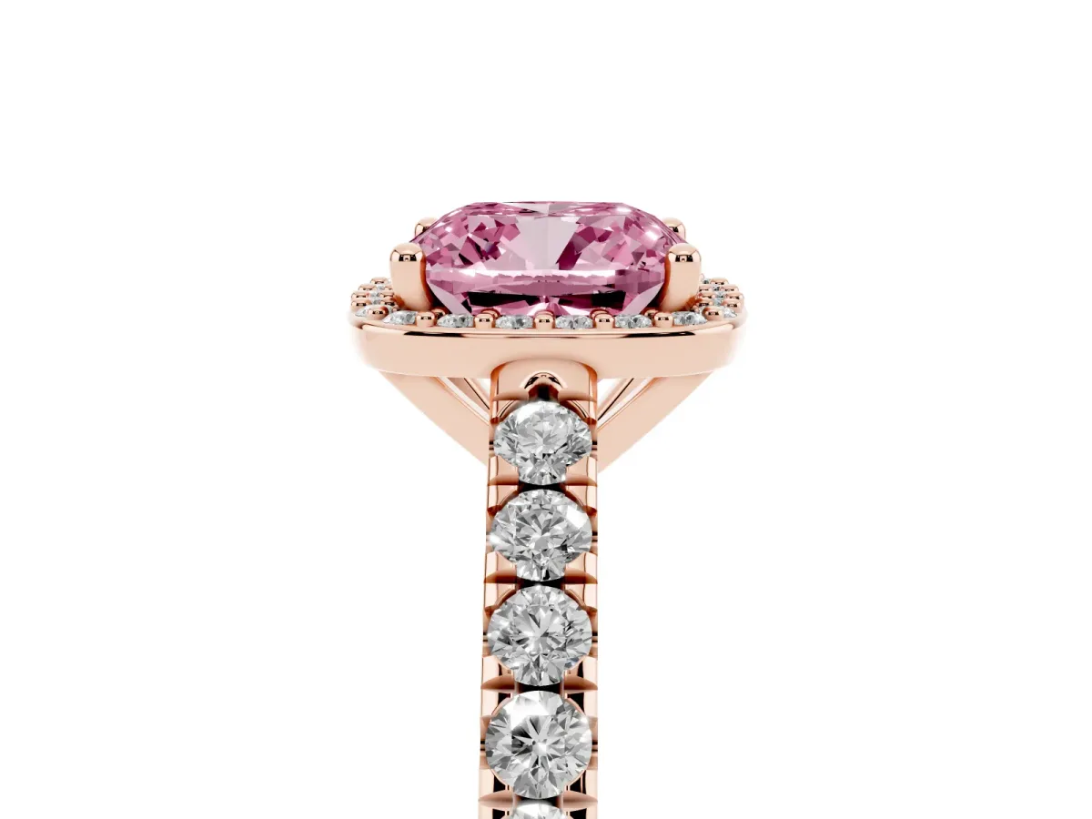 Fancy Pink Cushion Cut Cut Halo Diamond Engagement Ring with Pave Band and Four-Prong Setting Rose gold
