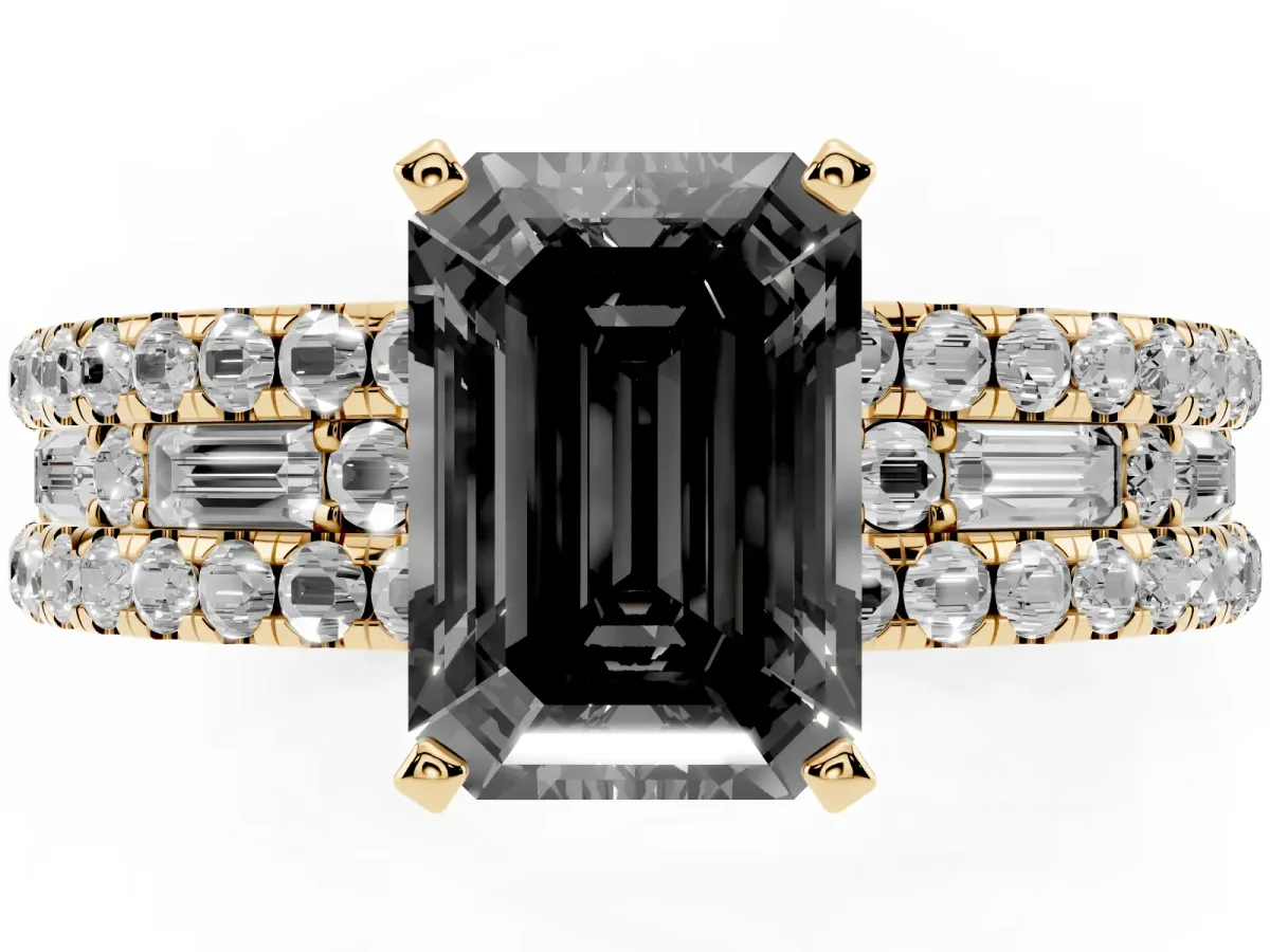 Fancy Black Emerald Cut Diamond Solitaire Ring with Pavé and Channel Set Band Yellow gold