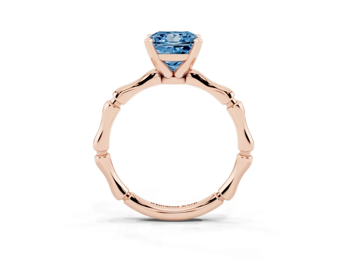 Fancy Blue Princess Cut Solitaire Diamond Ring with Bamboo Band and Four-Prong Setting Rose gold
