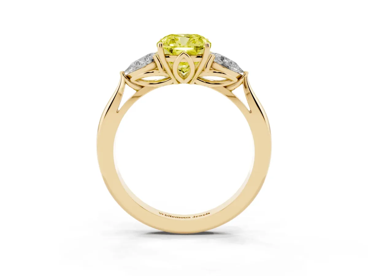 Fancy Yellow Cushion Cut Diamond Three-Stone Ring with Pear Side Stones and Prong Setting Yellow gold