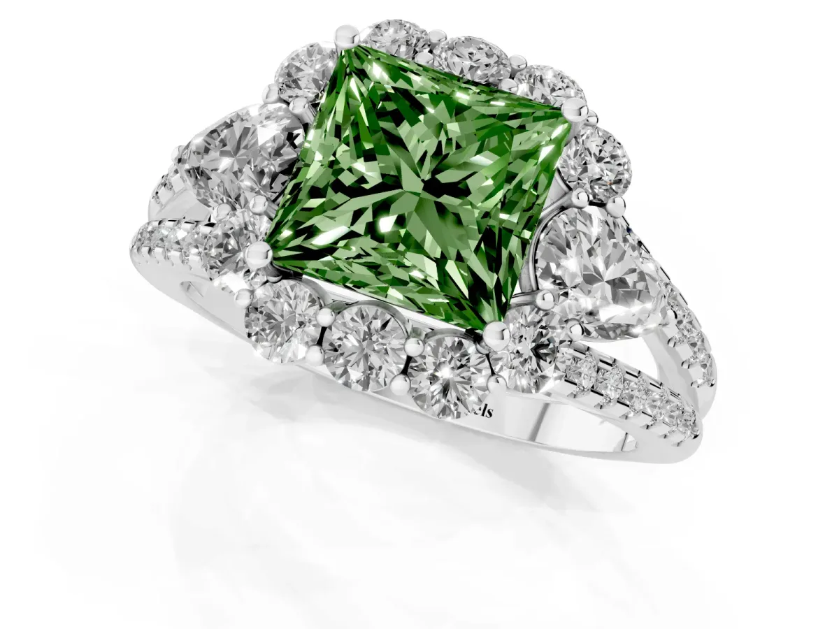 Fancy Green Princess Cut Halo Split Shank Diamond Engagement Ring with Prong Setting Silver
