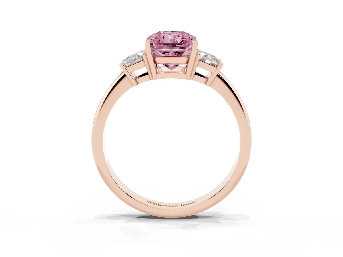 Fancy Pink Radiant Cut Diamond Three-Stone Ring with Trapezoid Side Stones and Prong Setting Rose gold