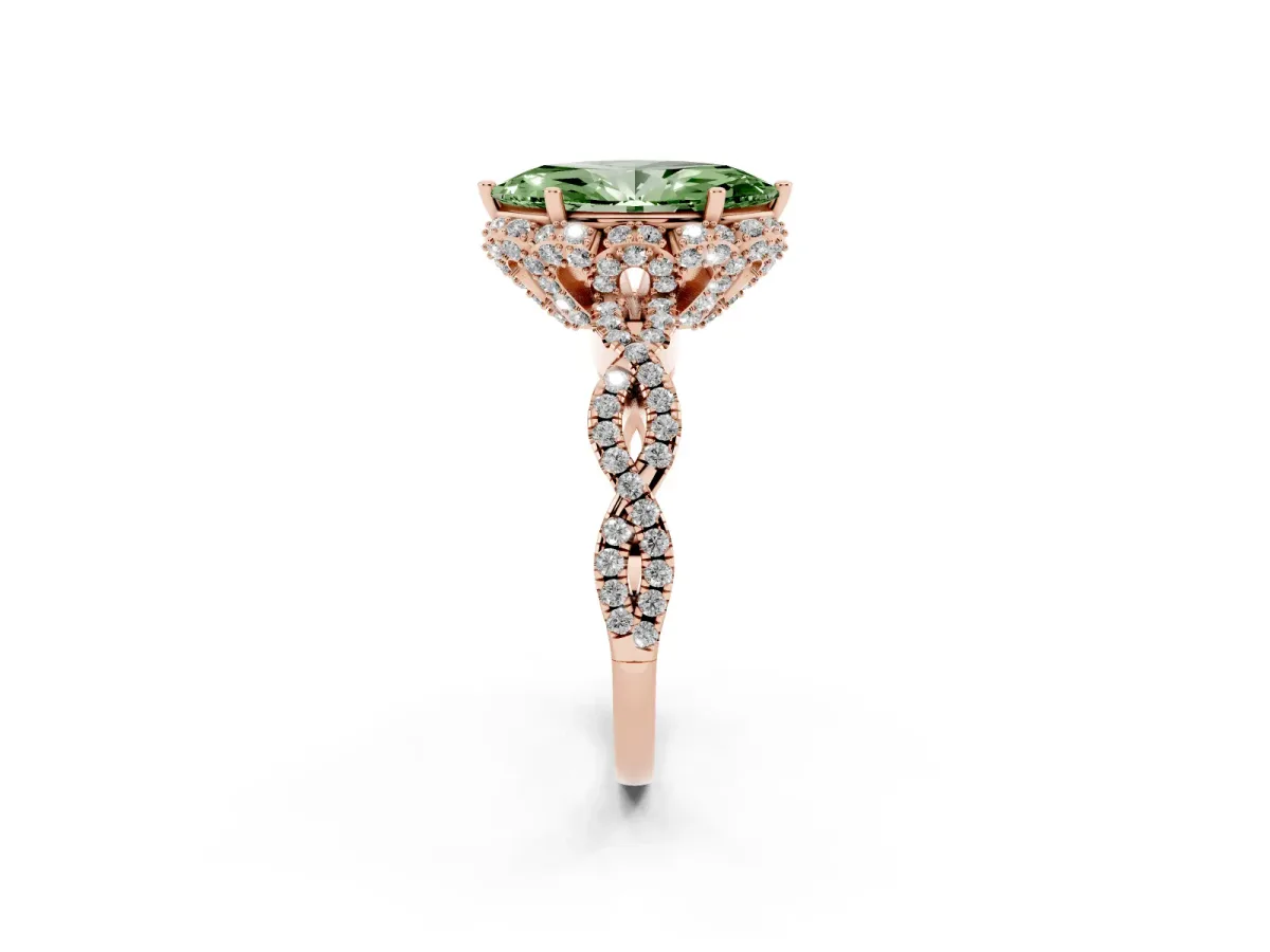 Fancy Green Marquise Cut Halo Twist Band Solitaire Ring with Six-Prong Setting Rose gold
