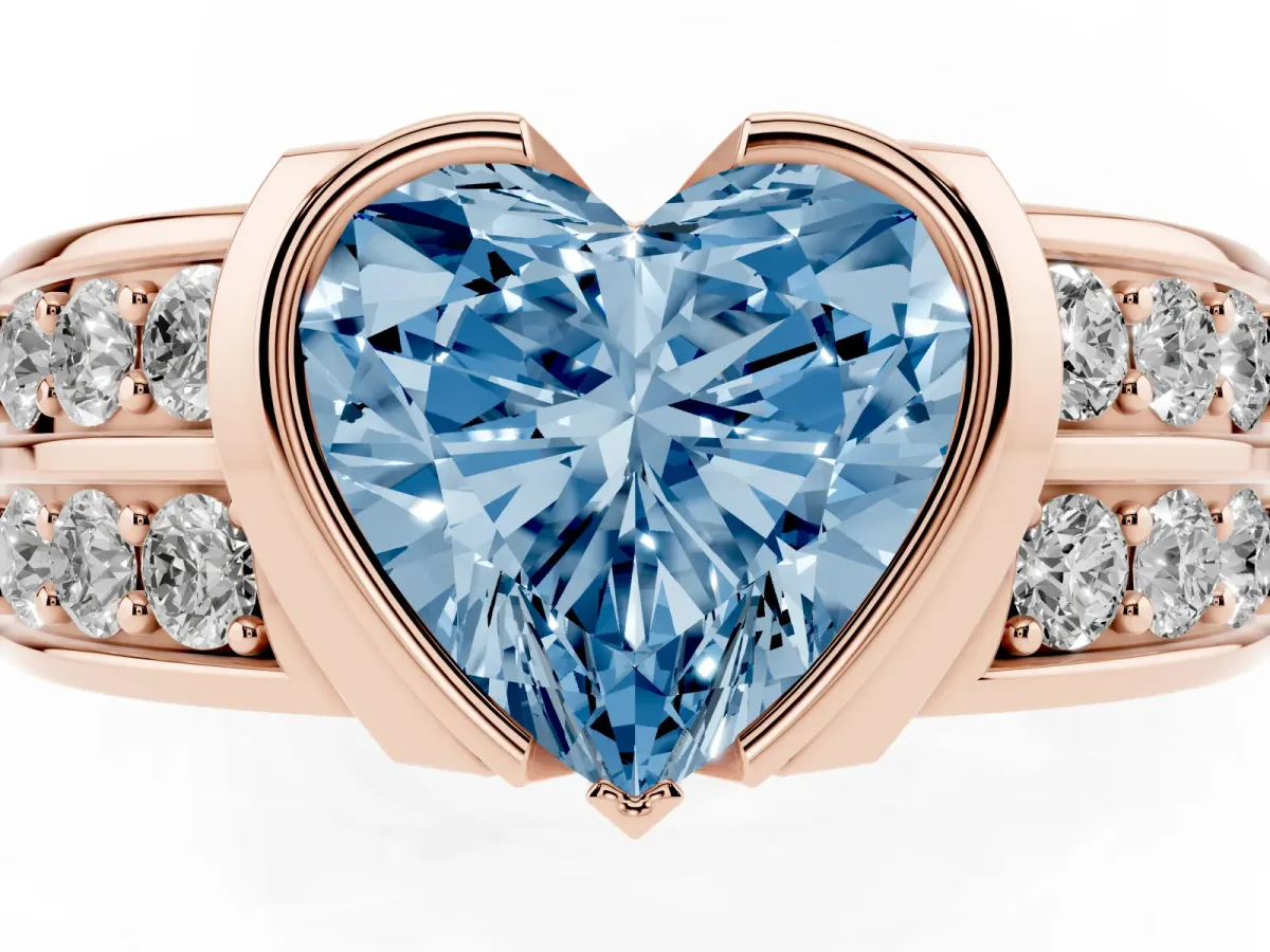 Fancy Blue Heart Cut Brilliant Diamond Channel Set Wide Band Ring with Bezel Setting Rose gold