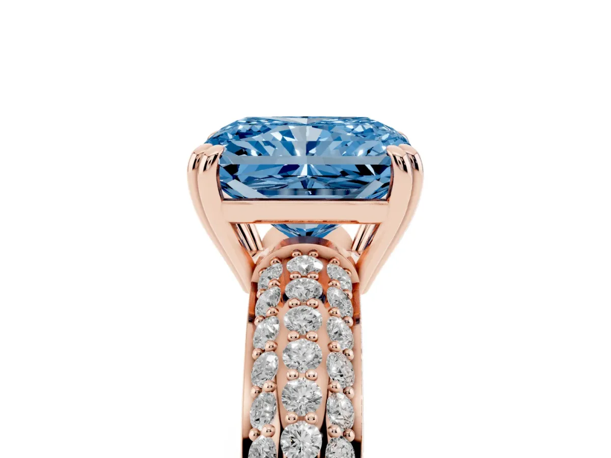Fancy Blue Radiant Cut Diamond Solitaire Ring with Multi-Row Round Pavé Band and Prong Setting Rose gold