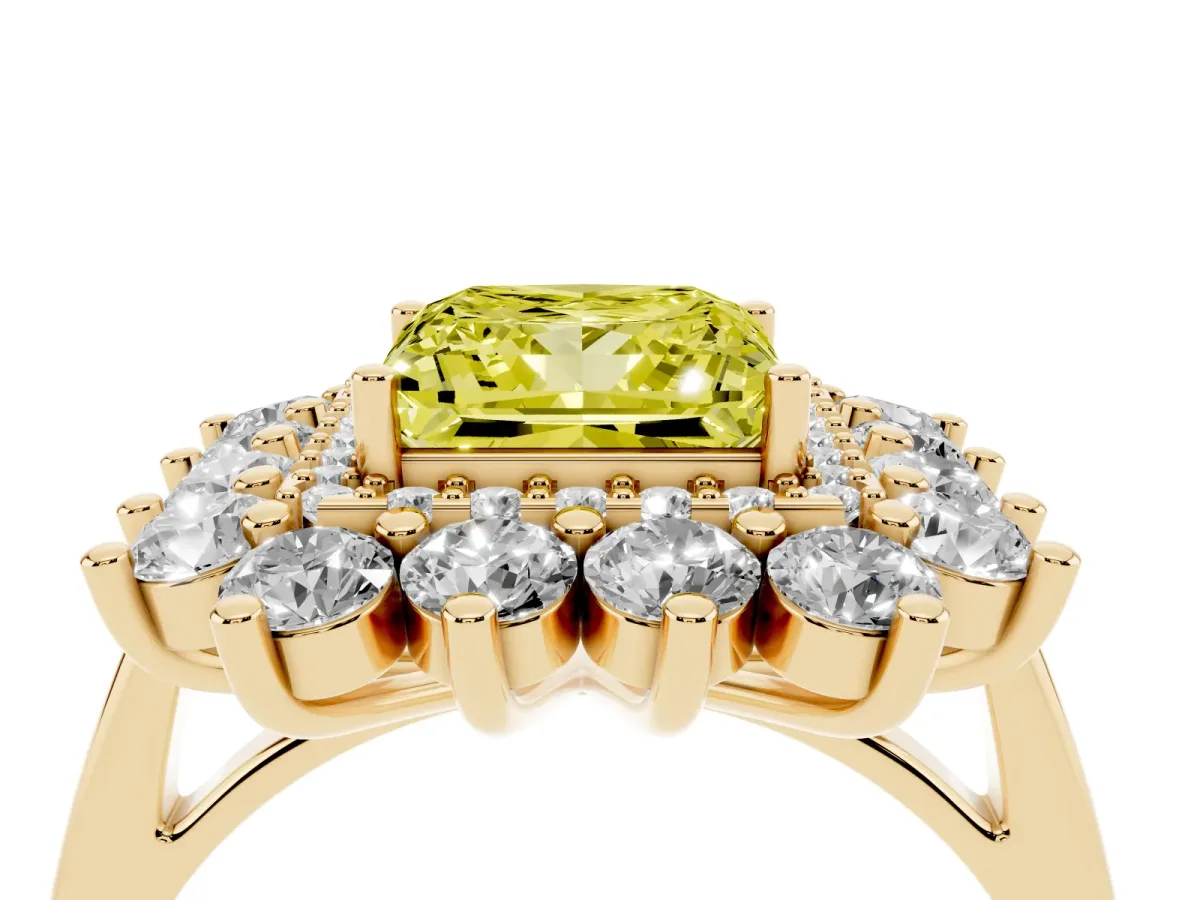 Fancy Yellow Princess Cut Diamond Floral Double Halo Engagement Ring with Prong Setting Yellow gold