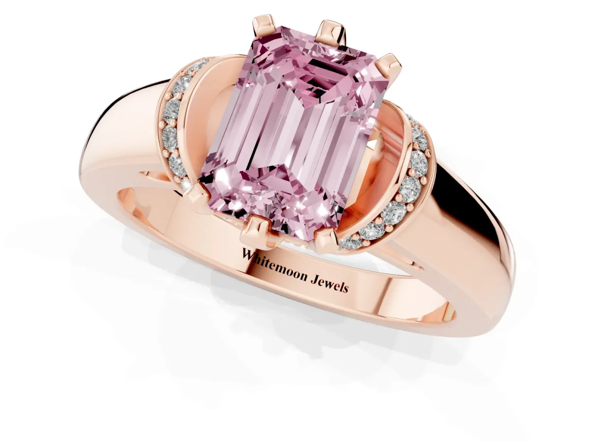 Fancy Pink Emerald Cut Solitaire Diamond Ring with Pave Band and Six-Prong Setting Rose gold