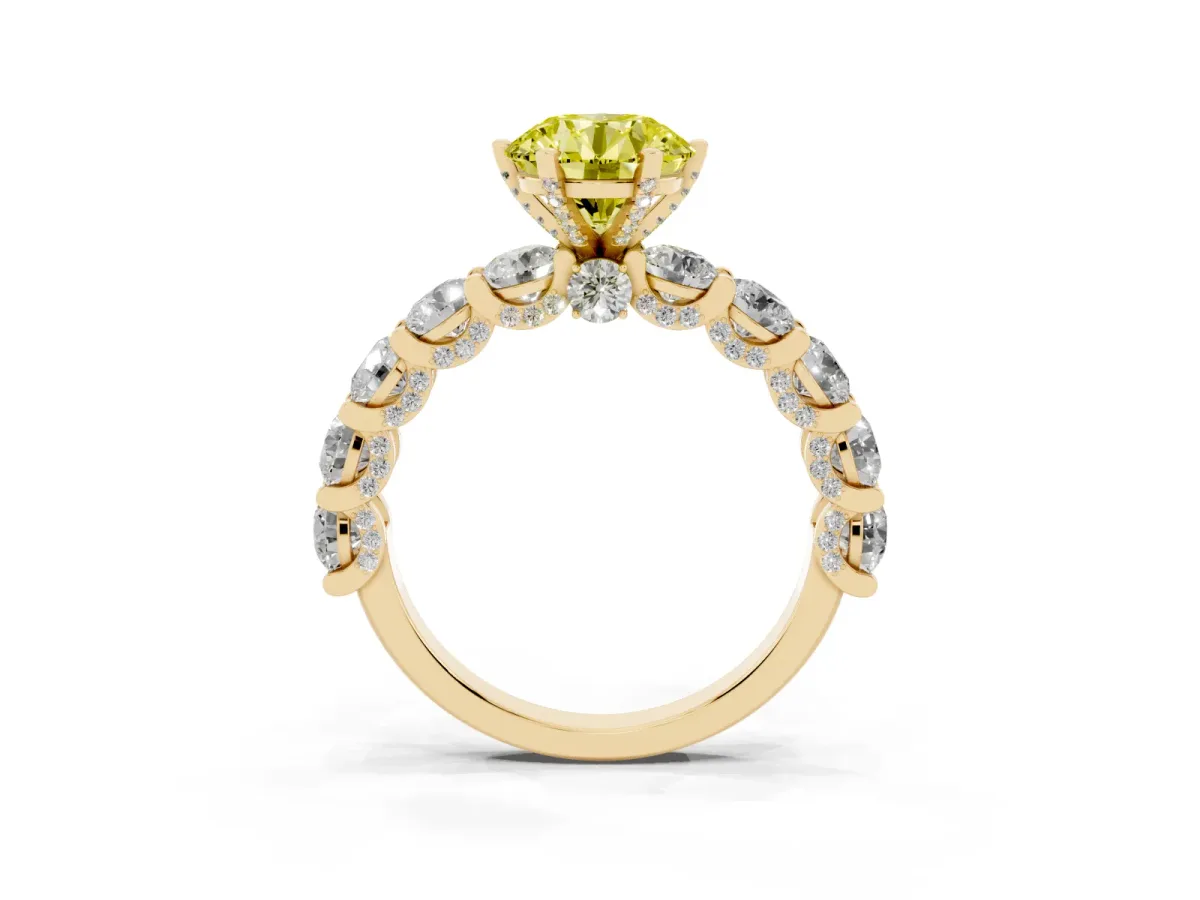 Fancy Yellow Round Cut Diamond Side Stone Engagement Ring with Four-Prong Setting Yellow gold