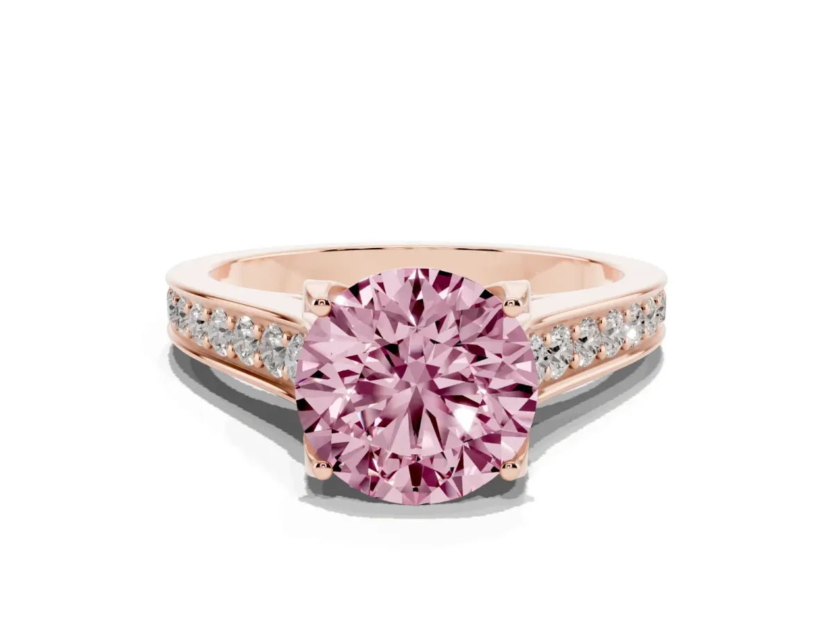 Fancy Pink Round Cut Brilliant Cut Diamond Engagement Ring with Pavé Band and Four-Prong Setting Rose gold