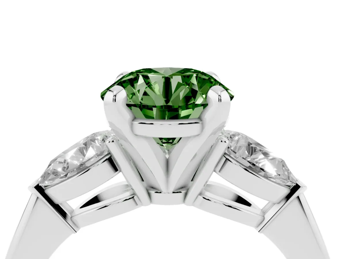 Fancy Green Three-Stone Round Cut Diamond Ring with Pear Side Stones and Four-Prong Setting Platinum