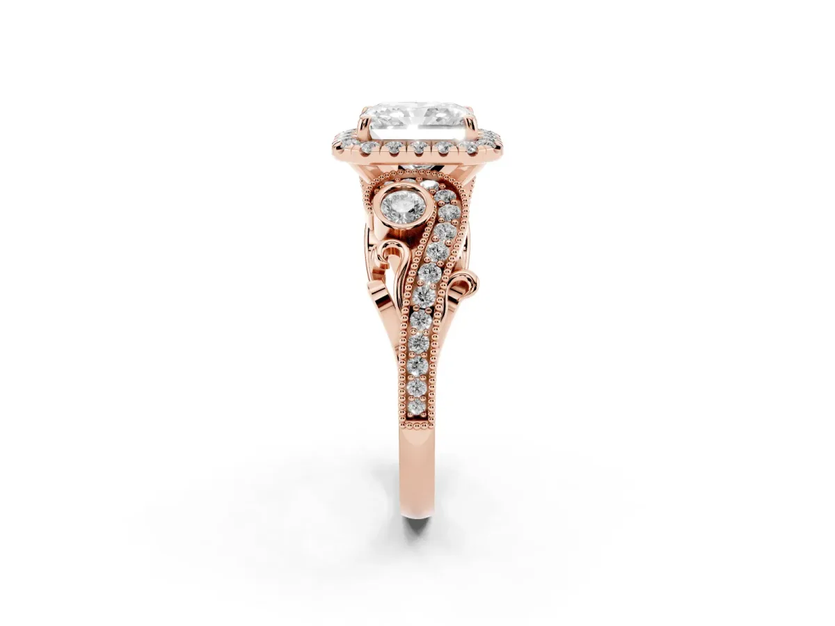 Radiant Cut Diamond Halo Ring with Milgrain Pavé Band and Four-Prong Setting Rose gold