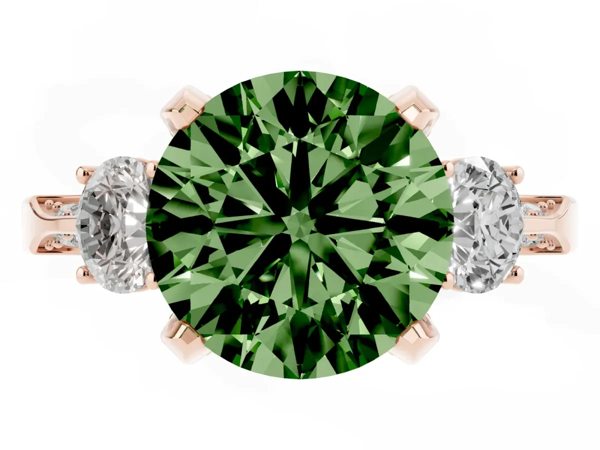 Fancy Green Round Cut Brilliant Three-Stone Diamond Ring with Pavé Band and Four-Prong Setting Rose gold