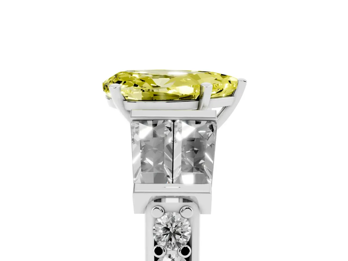 Fancy Yellow Pear Cut Diamond Engagement Ring with Baguette Side Stones and Channel Set Band White gold