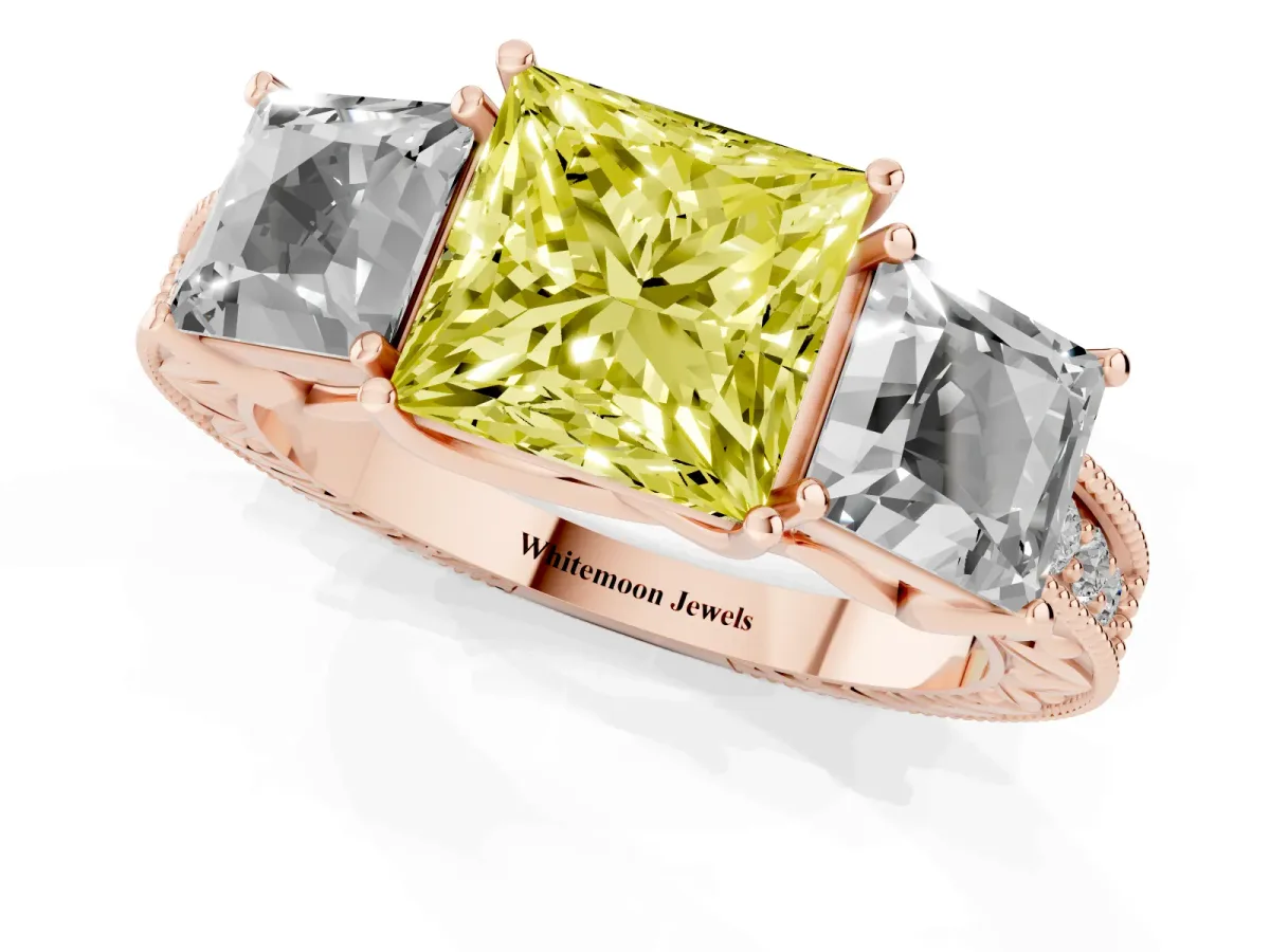 Fancy Yellow Three-Stone Princess Cut Cut Milgrain Pavé Engagement Ring Rose gold