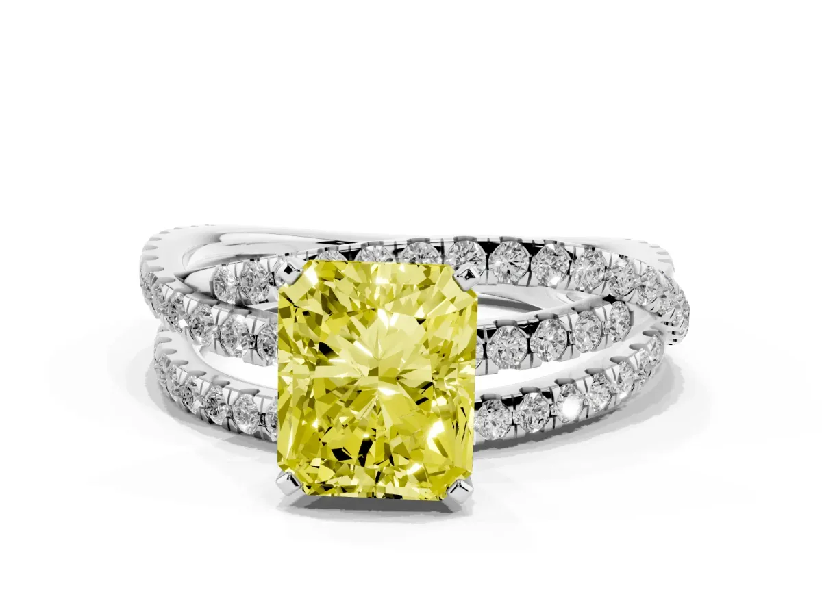 Fancy Yellow Radiant Cut Solitaire Twist Band with Pavé Setting and Four-Prong Setting Silver