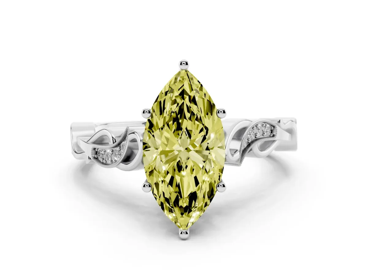 Fancy Yellow Marquise Cut Solitaire Vine Band with Milgrain Prong Setting Silver