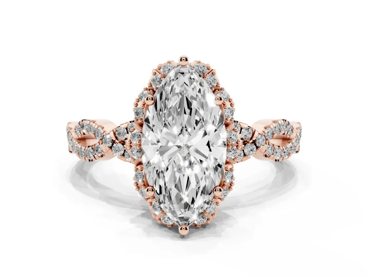 Marquise Cut Halo Twist Band Solitaire Ring with Six-Prong Setting Rose gold