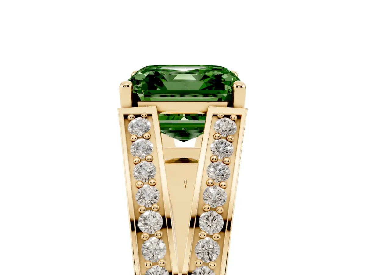 Fancy Green Asscher Cut Diamond Split Shank Ring with Pavé Band and Four-Prong Setting Yellow gold