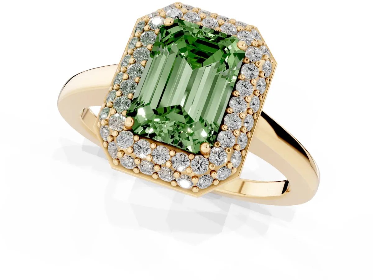 Fancy Green Emerald Cut Halo Diamond Engagement Ring with Solitaire Band and Four-Prong Setting Yellow gold
