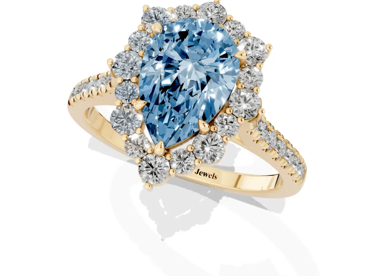 Fancy Blue Pear Cut Halo Diamond Ring with Pavé Band and Prong Setting Yellow gold