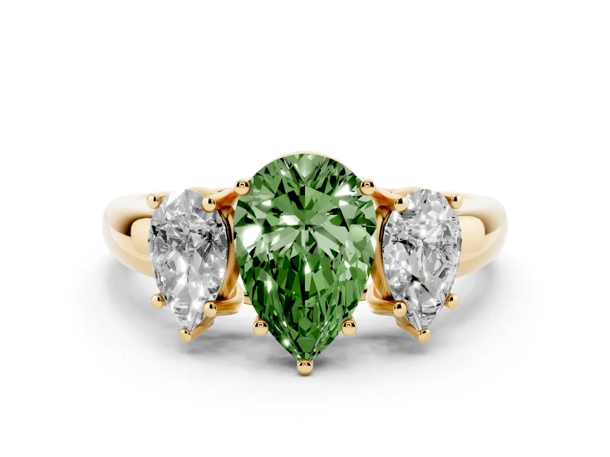 Fancy Green Three-Stone Pear Cut Diamond Engagement Ring with Prong Setting Yellow gold