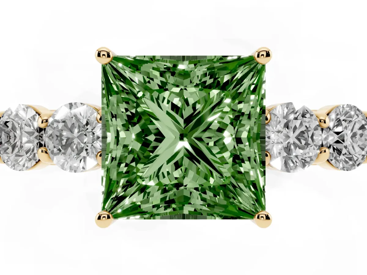 Fancy Green Princess Cut Cut Diamond Five-Stone Prong Set White Gold Ring Yellow gold