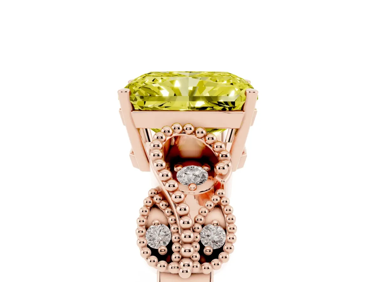 Fancy Yellow Radiant Cut Solitaire Milgrain Leaf Band with Prong Setting Rose gold