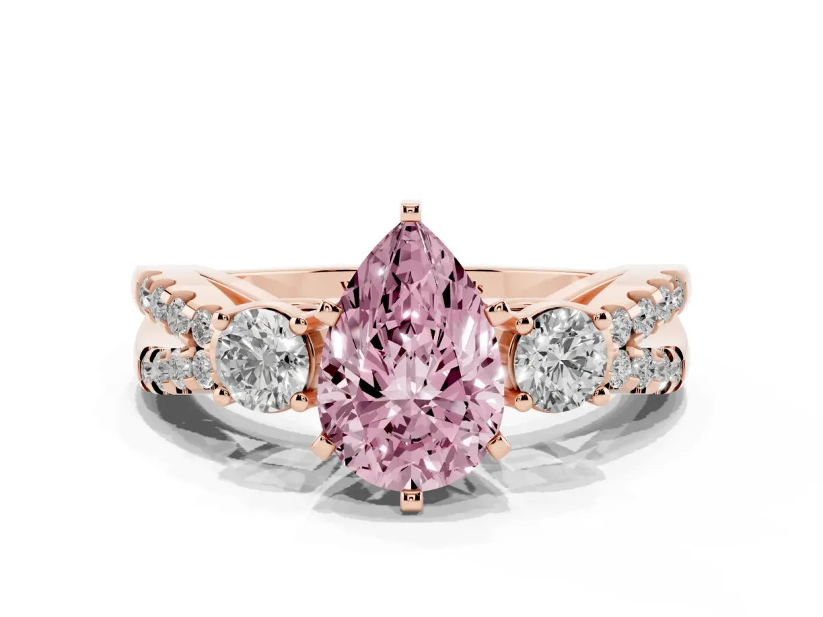 Fancy Pink Pear Cut Diamond Three-Stone Ring with Pavé Split Shank and Four-Prong Setting Rose gold