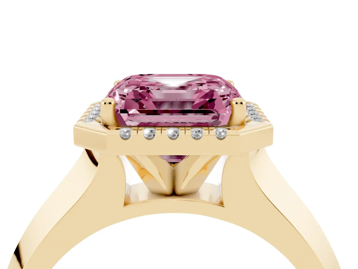 Fancy Pink Asscher Cut Halo Diamond Ring with Cathedral Band and Four-Prong Setting Yellow gold