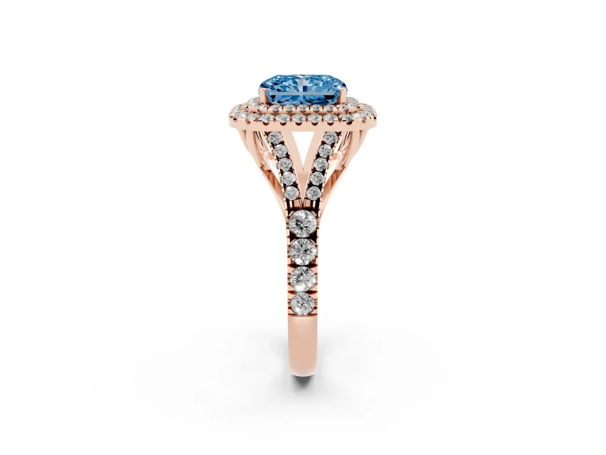 Fancy Blue Radiant Cut Diamond Double Halo Ring with Split Shank and Prong Setting Rose gold